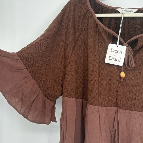 Davi & Dani Brown Boho Peasant Top – Ruffle Hem, Bell Sleeves Multiple Sizes NWT - Picture 5 of 5